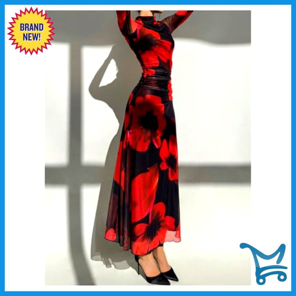 Floral Maxi Dress Elegant Long Sleeve Ruched A-Line Wedding Guest Holiday - Picture 4 of 7